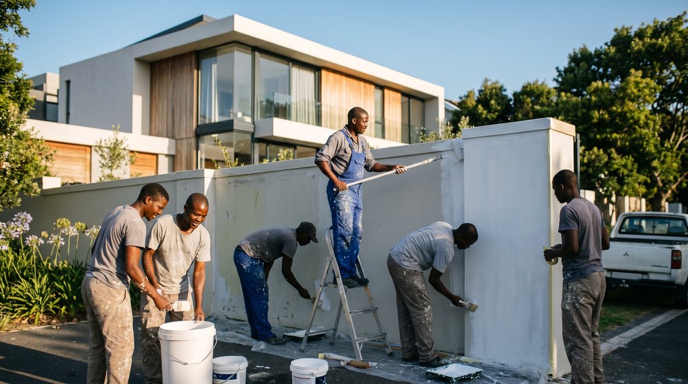 Professional team painting a boundary wall at a modern home in Bothasig