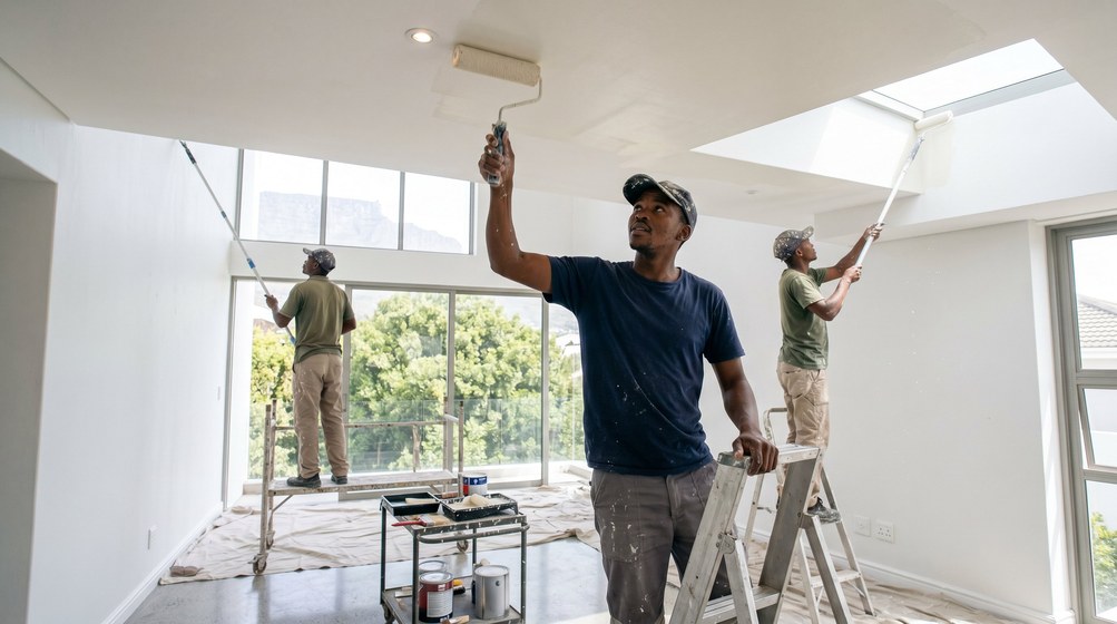 Professional ceiling painters rolling white paint onto a high ceiling in Bothasig