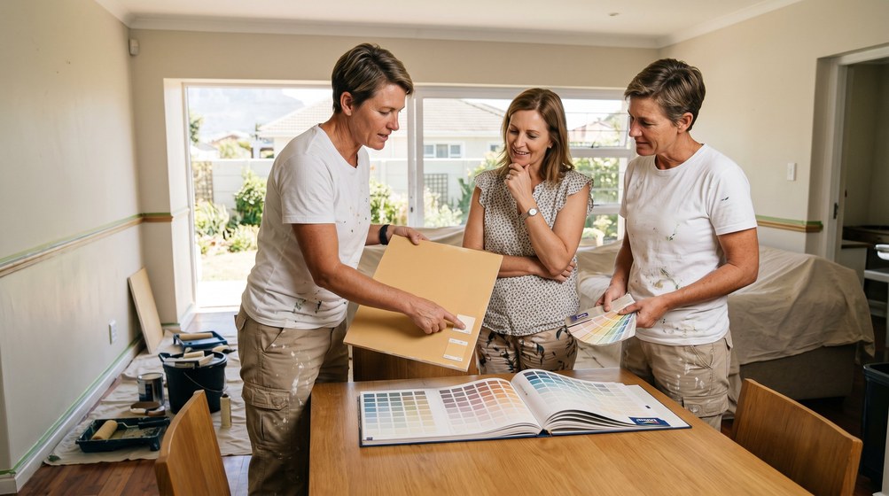 Professional colour consultant showing paint swatches to a homeowner in Bothasig