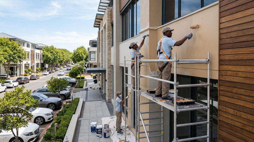 Professional commercial painters on scaffolding painting a building in Bothasig