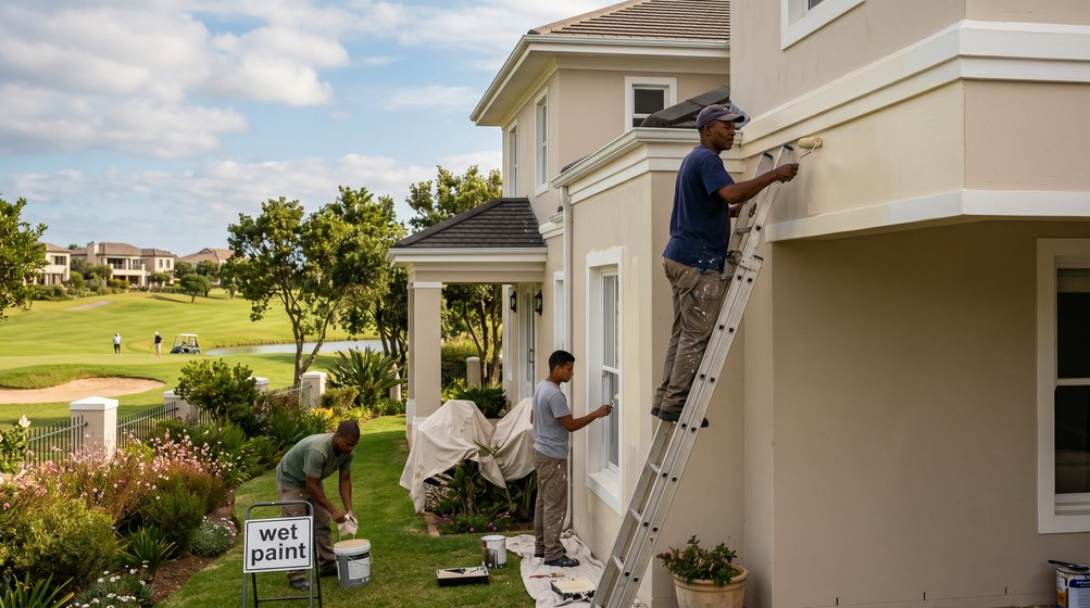 Professional estate painters painting a luxury golf estate home in Bothasig