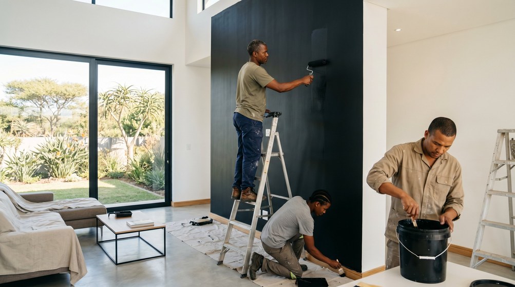 Professional painters creating a bold black feature wall in a modern Bothasig home