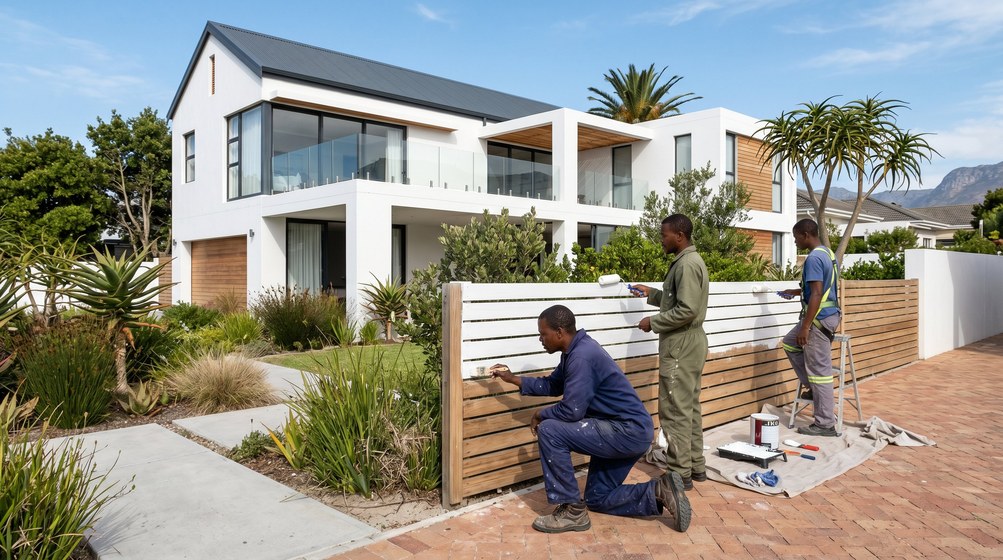 Professional fence painters painting a wooden fence at a Bothasig home in Bothasig