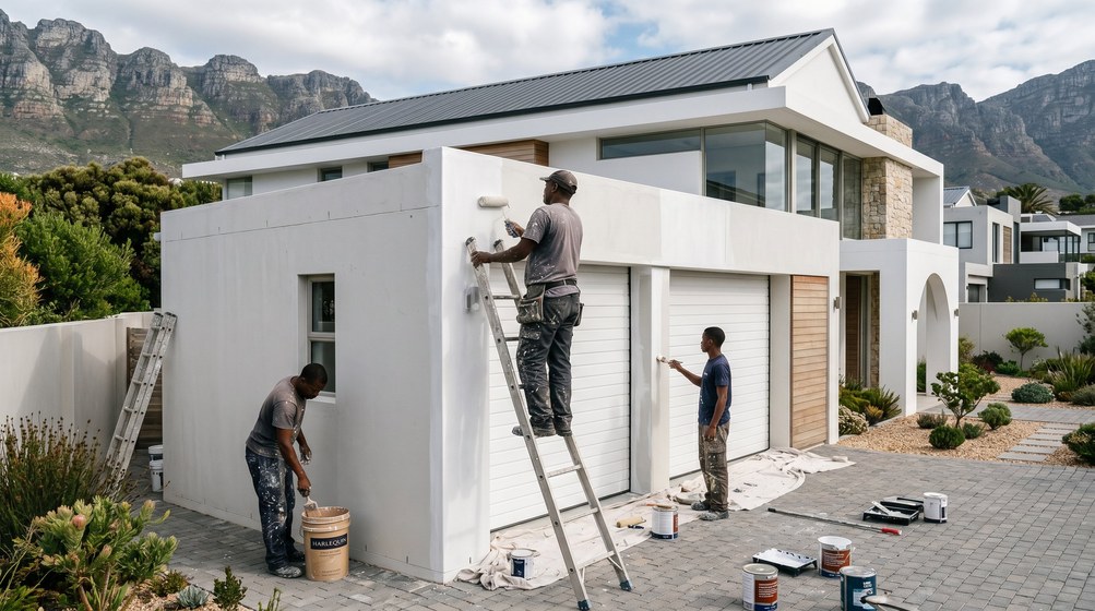 Professional painters painting a double garage exterior and garage doors in Bothasig