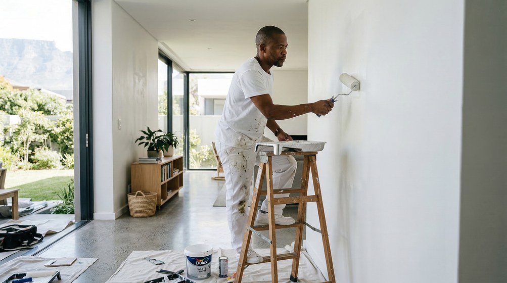 Professional interior painter in Bothasig painting walls with a roller