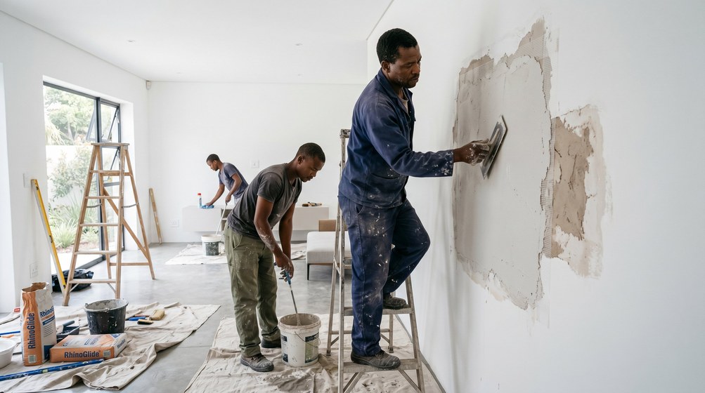 Professional plaster repair team skim coating damaged walls in Bothasig