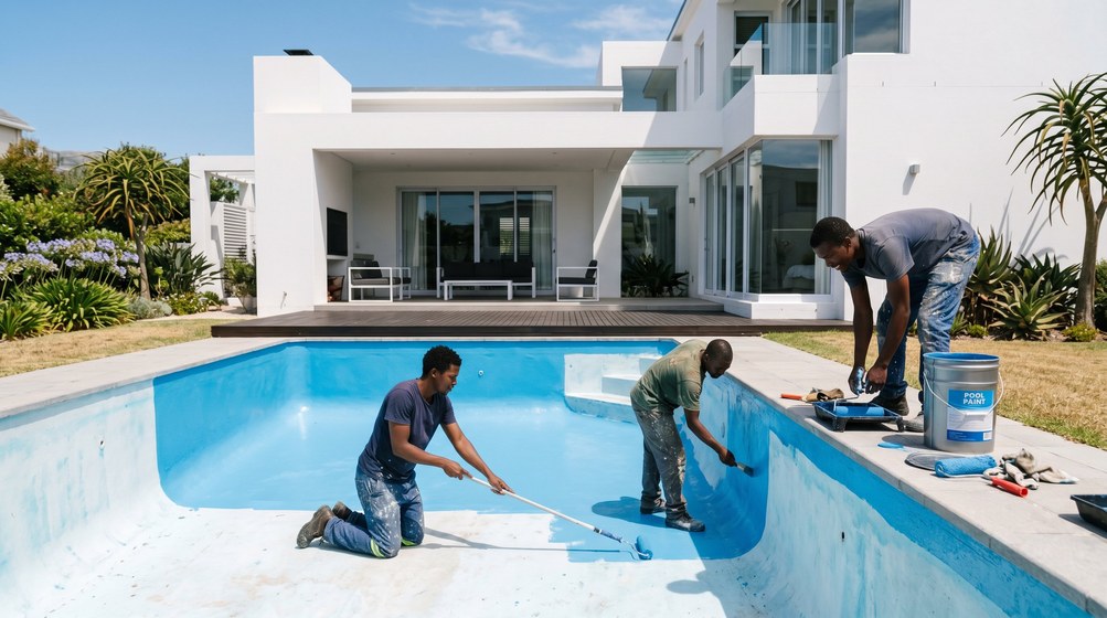 Professional pool painters applying blue pool paint to a swimming pool in Bothasig