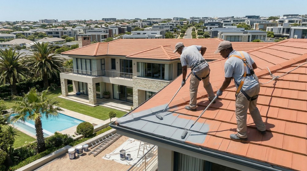 Professional roof painters applying waterproof coating to tiled roof in Bothasig