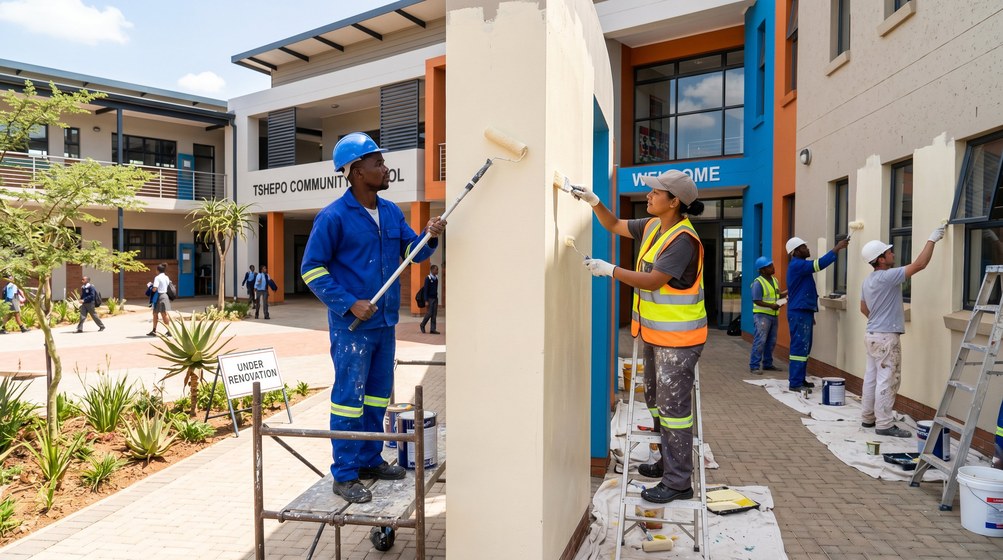 Professional school painting team painting a community school in Bothasig