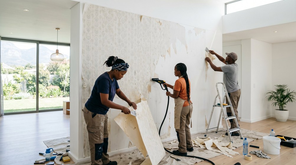 Professional wallpaper removal team stripping old wallpaper in a Bothasig home