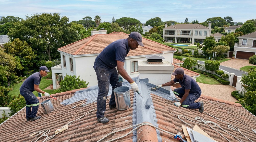 Professional waterproofing team applying membrane to roof in Bothasig