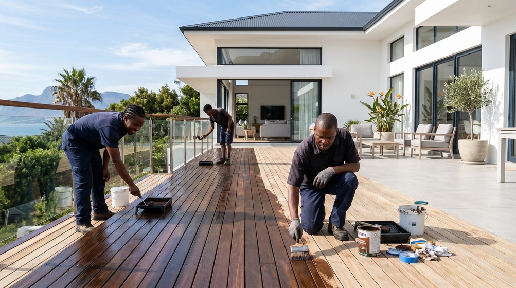 Professional wood staining team applying deck stain on a home in Bothasig